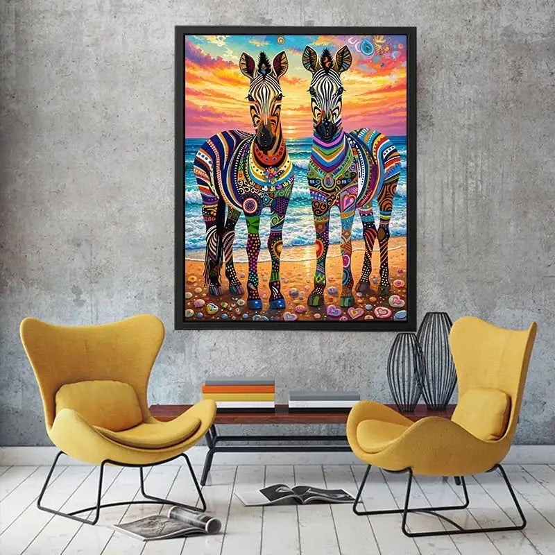 Bright colorful zebra pop art wall art featuring vibrant patterned wildlife illustrations on a dreamy coastal background with bold artistic detail.