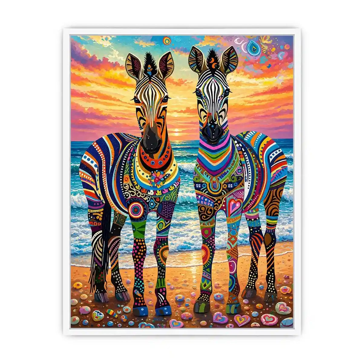 Bright colorful zebra pop art wall art featuring vibrant patterned wildlife illustrations on a dreamy coastal background with bold artistic detail.