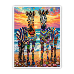Bright colorful zebra pop art wall art featuring vibrant patterned wildlife illustrations on a dreamy coastal background with bold artistic detail.