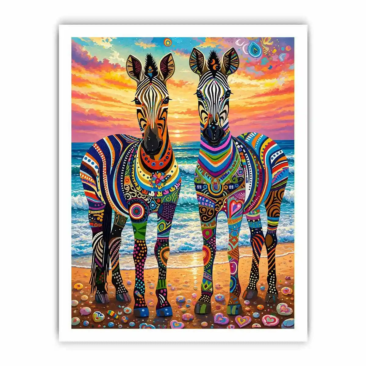 Bright colorful zebra pop art wall art featuring vibrant patterned wildlife illustrations on a dreamy coastal background with bold artistic detail.