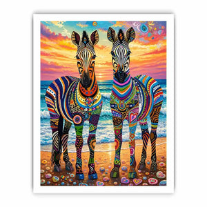 Bright colorful zebra pop art wall art featuring vibrant patterned wildlife illustrations on a dreamy coastal background with bold artistic detail.
