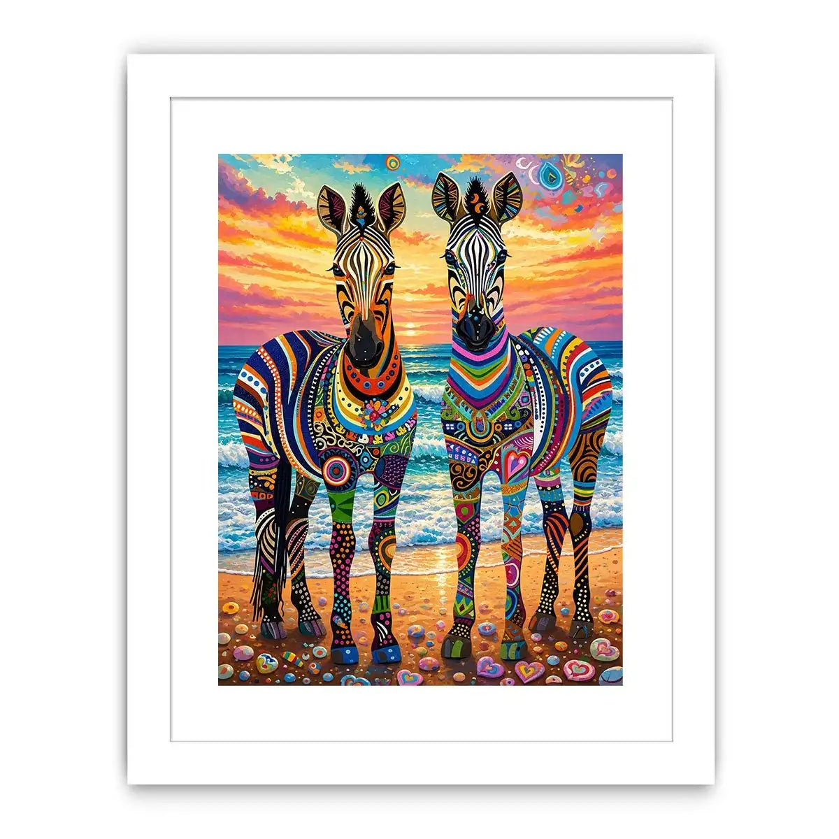 Bright colorful zebra pop art wall art featuring vibrant patterned wildlife illustrations on a dreamy coastal background with bold artistic detail.