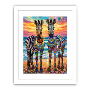 Bright colorful zebra pop art wall art featuring vibrant patterned wildlife illustrations on a dreamy coastal background with bold artistic detail.