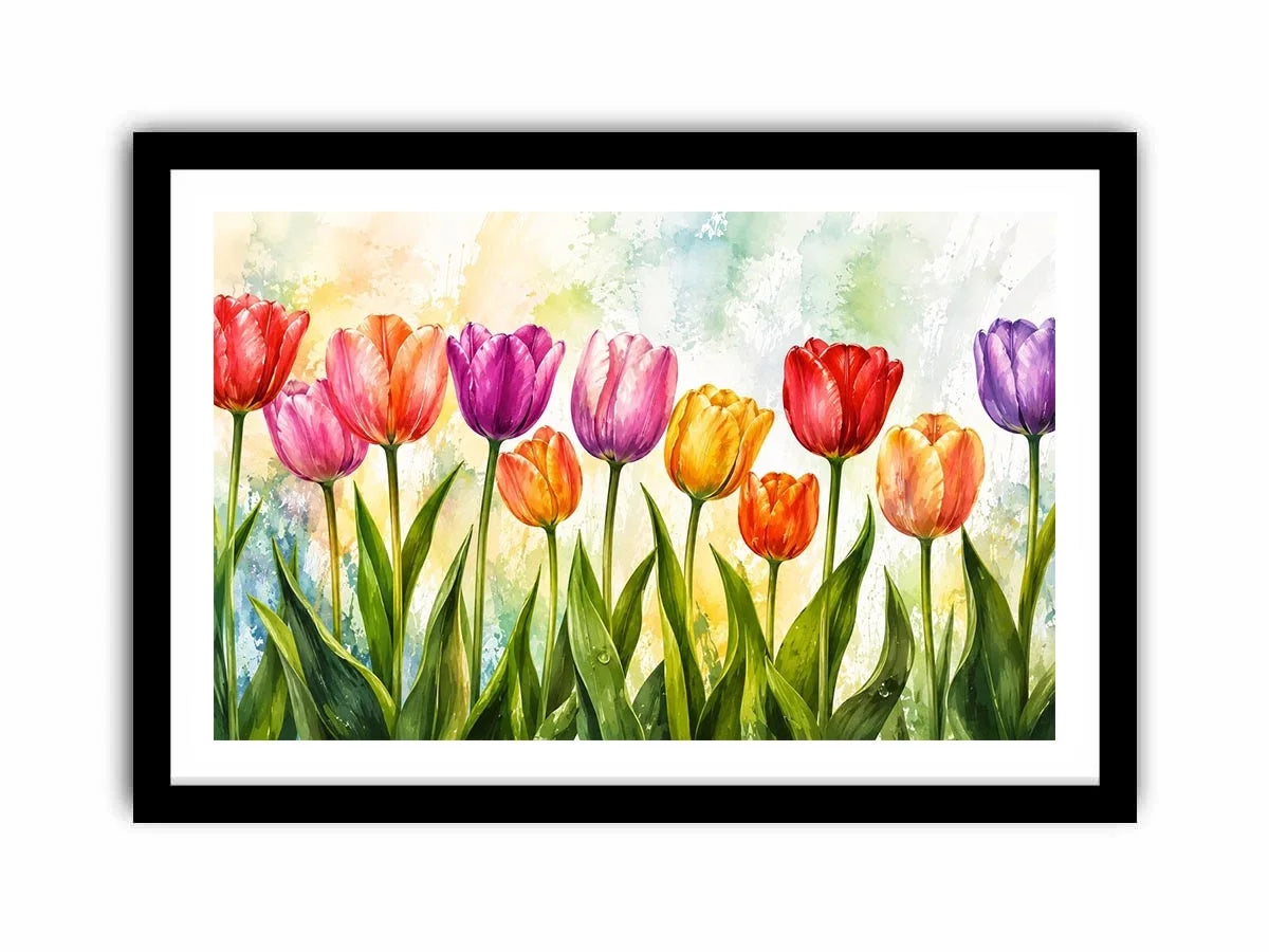 Bright tulip botanical wall art featuring colorful spring flowers with soft watercolor textures and elegant modern floral styling.