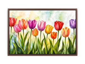 Bright tulip botanical wall art featuring colorful spring flowers with soft watercolor textures and elegant modern floral styling.