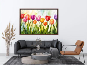 Bright tulip botanical wall art featuring colorful spring flowers with soft watercolor textures and elegant modern floral styling.