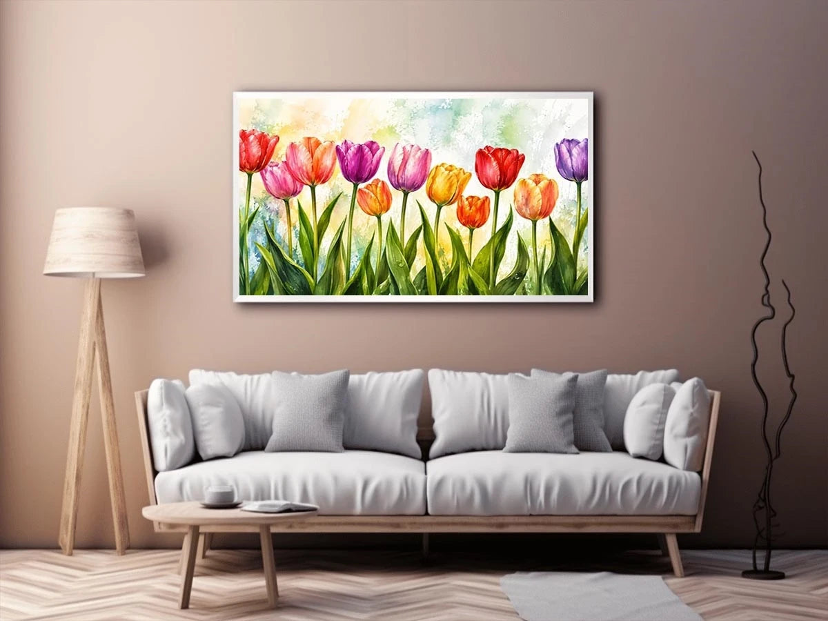 Bright tulip botanical wall art featuring colorful spring flowers with soft watercolor textures and elegant modern floral styling.