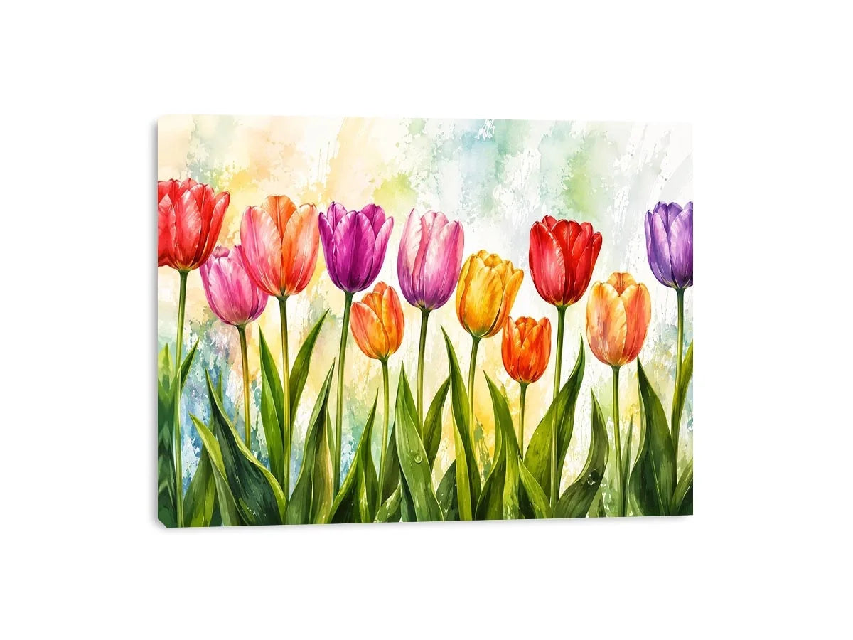 Bright tulip botanical wall art featuring colorful spring flowers with soft watercolor textures and elegant modern floral styling.