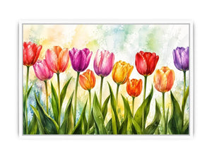 Bright tulip botanical wall art featuring colorful spring flowers with soft watercolor textures and elegant modern floral styling.