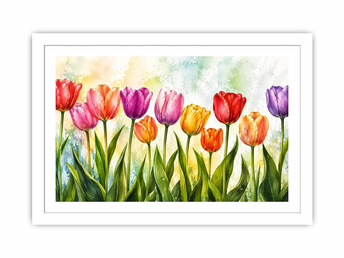 Bright tulip botanical wall art featuring colorful spring flowers with soft watercolor textures and elegant modern floral styling.