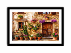 Rustic Mediterranean stone house facade with pink flowers and vintage wooden doors wall art canvas for luxury living room decor