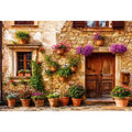 Rustic Mediterranean stone house facade with pink flowers and vintage wooden doors wall art canvas for luxury living room decor