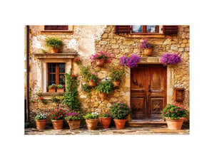 Rustic Mediterranean stone house facade with pink flowers and vintage wooden doors wall art canvas for luxury living room decor