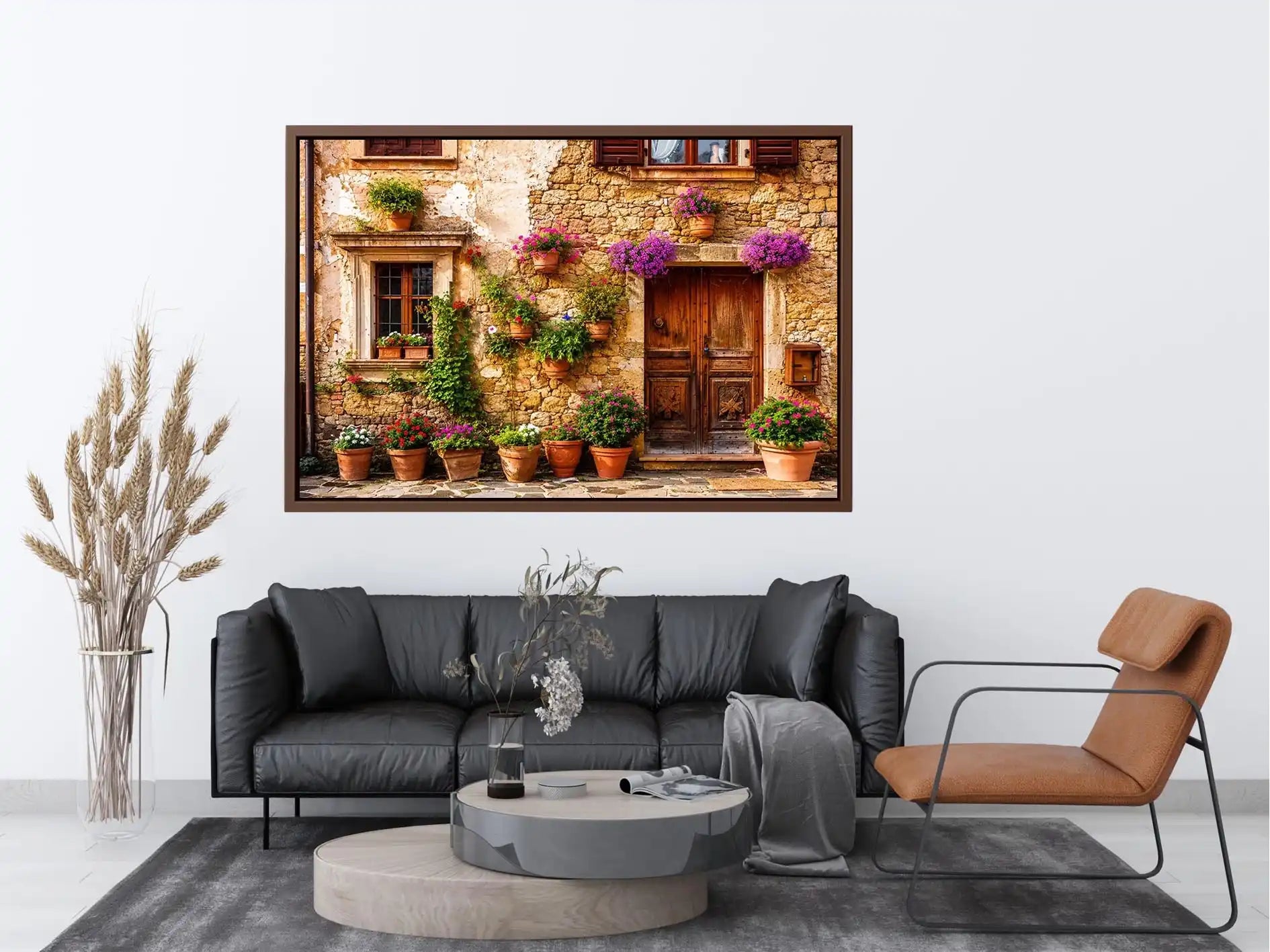 Rustic Mediterranean stone house facade with pink flowers and vintage wooden doors wall art canvas for luxury living room decor