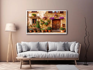 Rustic Mediterranean stone house facade with pink flowers and vintage wooden doors wall art canvas for luxury living room decor