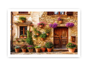 Rustic Mediterranean stone house facade with pink flowers and vintage wooden doors wall art canvas for luxury living room decor