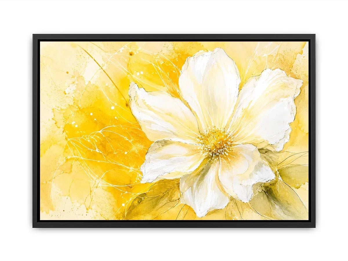 Elegant white flower abstract watercolor on bright yellow background modern floral wall art canvas for luxury living room decor