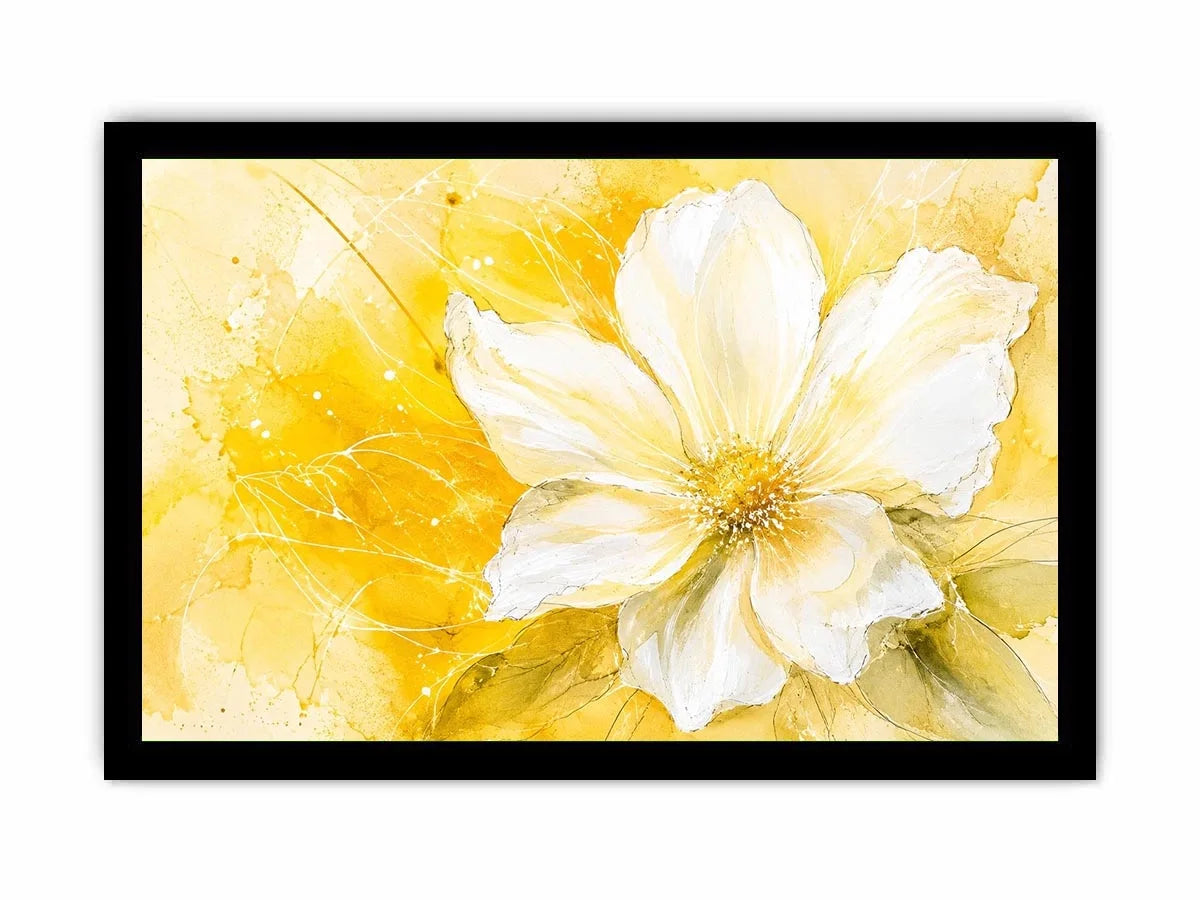 Elegant white flower abstract watercolor on bright yellow background modern floral wall art canvas for luxury living room decor
