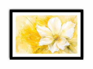 Elegant white flower abstract watercolor on bright yellow background modern floral wall art canvas for luxury living room decor
