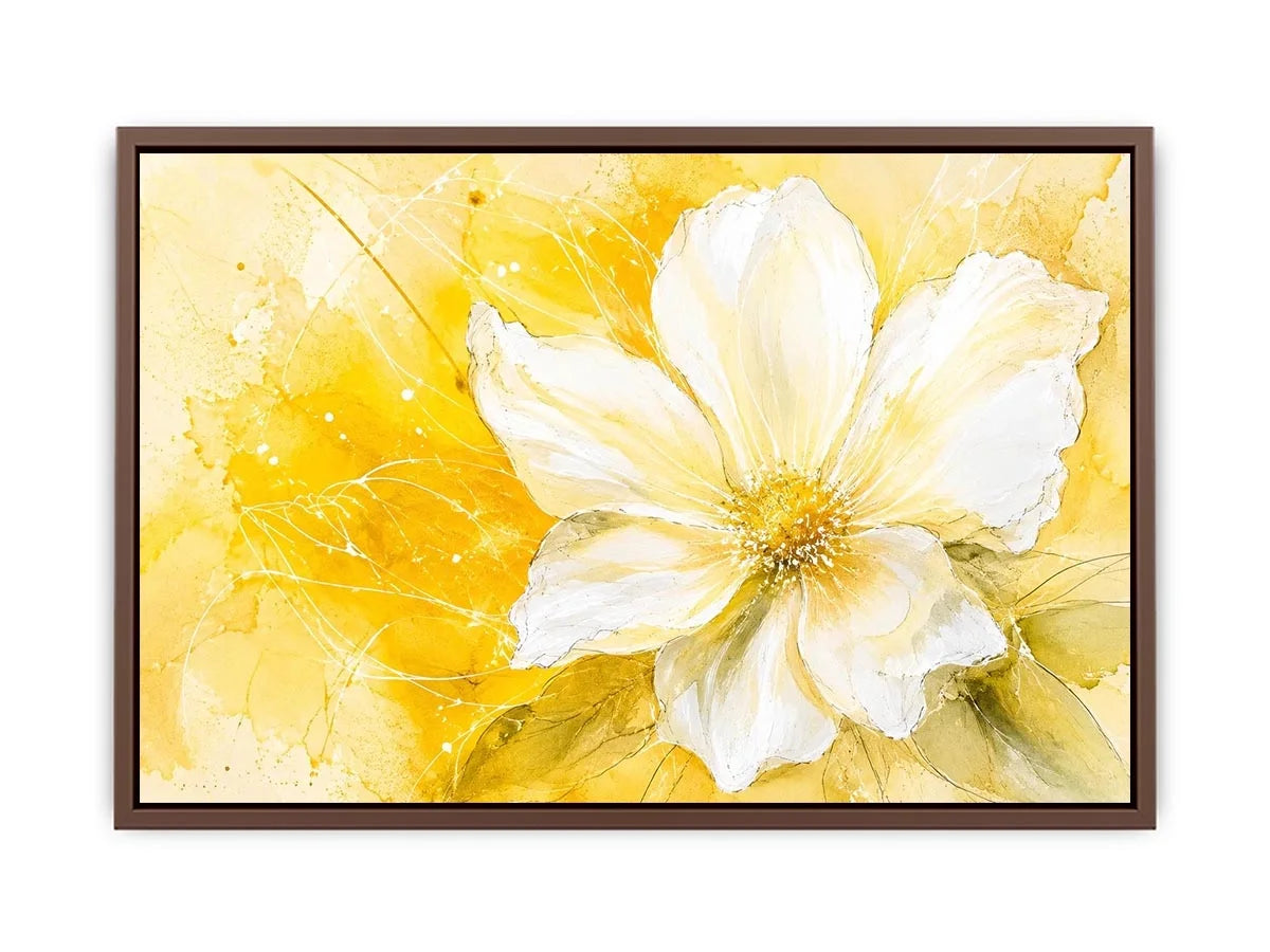 Elegant white flower abstract watercolor on bright yellow background modern floral wall art canvas for luxury living room decor