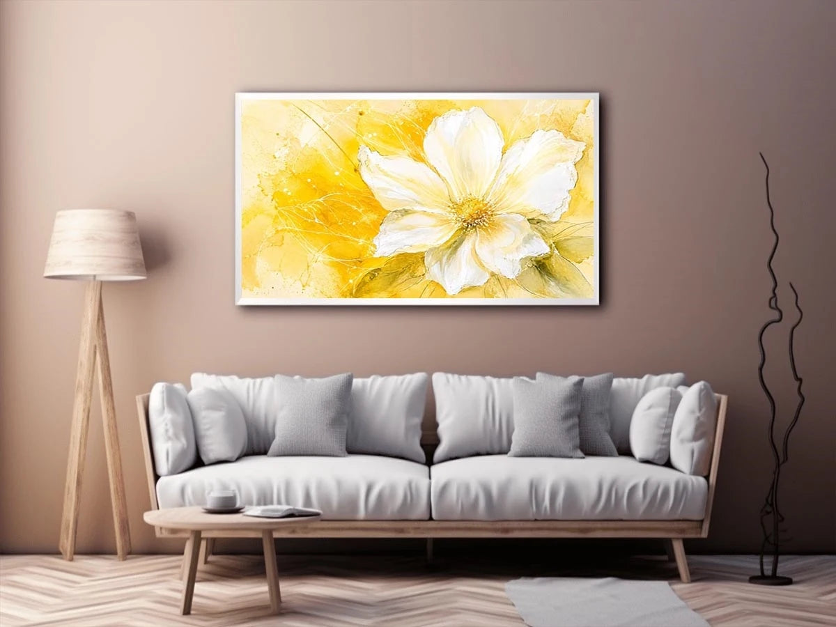 Elegant white flower abstract watercolor on bright yellow background modern floral wall art canvas for luxury living room decor