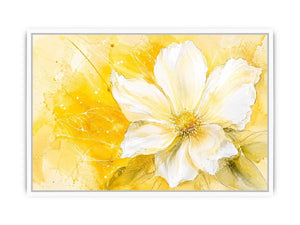 Elegant white flower abstract watercolor on bright yellow background modern floral wall art canvas for luxury living room decor