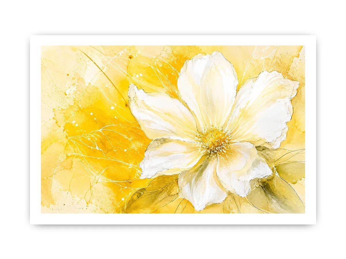 Elegant white flower abstract watercolor on bright yellow background modern floral wall art canvas for luxury living room decor