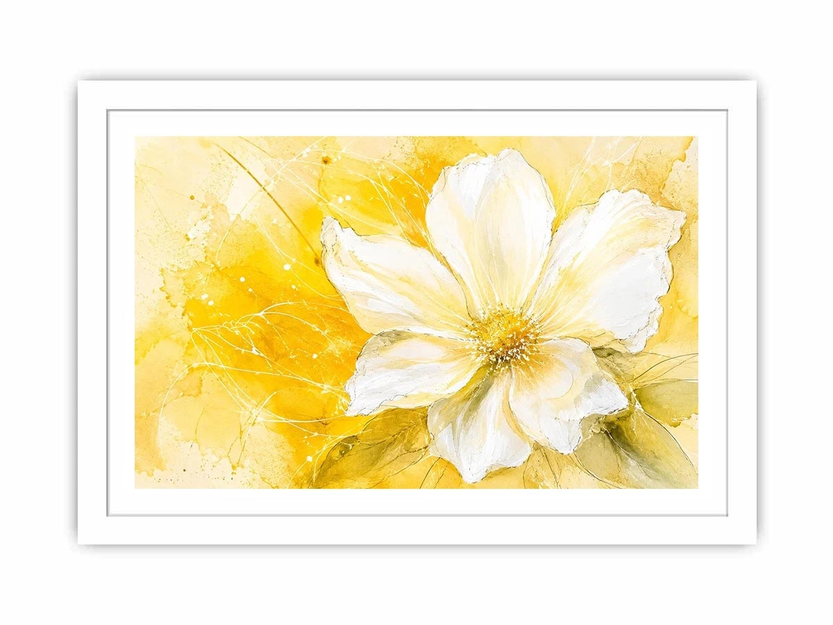 Elegant white flower abstract watercolor on bright yellow background modern floral wall art canvas for luxury living room decor