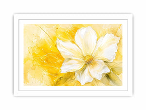 Elegant white flower abstract watercolor on bright yellow background modern floral wall art canvas for luxury living room decor