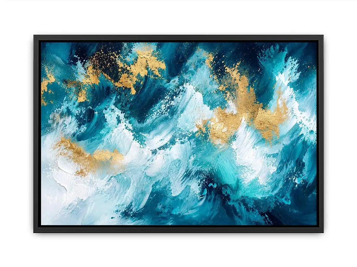 Luxury teal and gold abstract ocean wave painting with textured white brushstrokes modern coastal wall art canvas