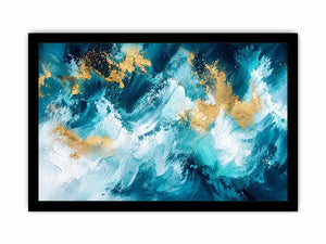 Luxury teal and gold abstract ocean wave painting with textured white brushstrokes modern coastal wall art canvas