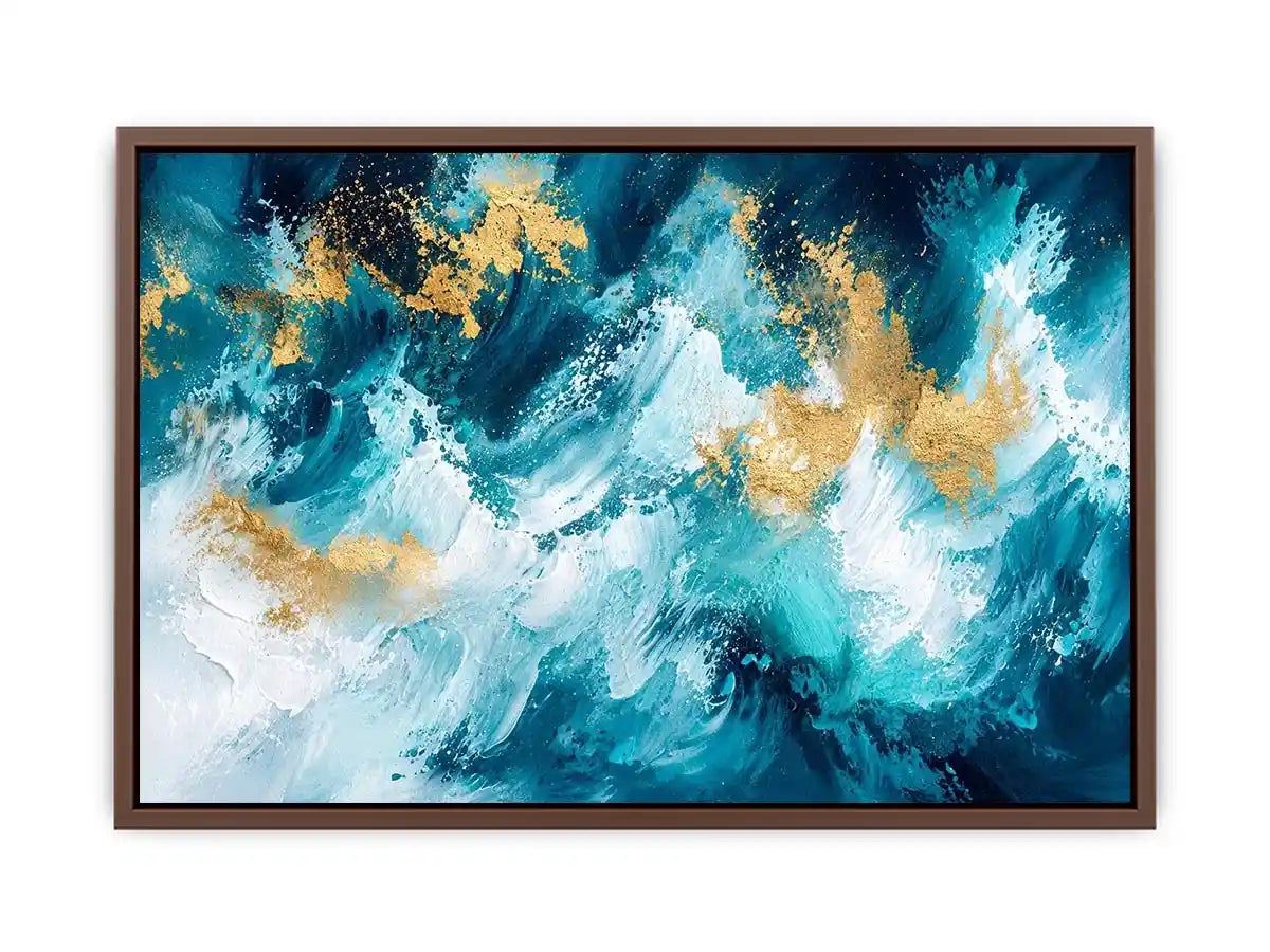 Luxury teal and gold abstract ocean wave painting with textured white brushstrokes modern coastal wall art canvas
