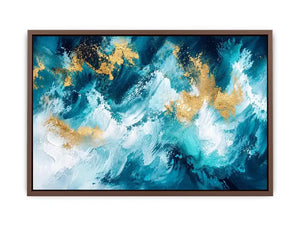 Luxury teal and gold abstract ocean wave painting with textured white brushstrokes modern coastal wall art canvas