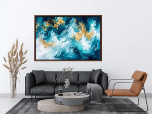 Luxury teal and gold abstract ocean wave painting with textured white brushstrokes modern coastal wall art canvas