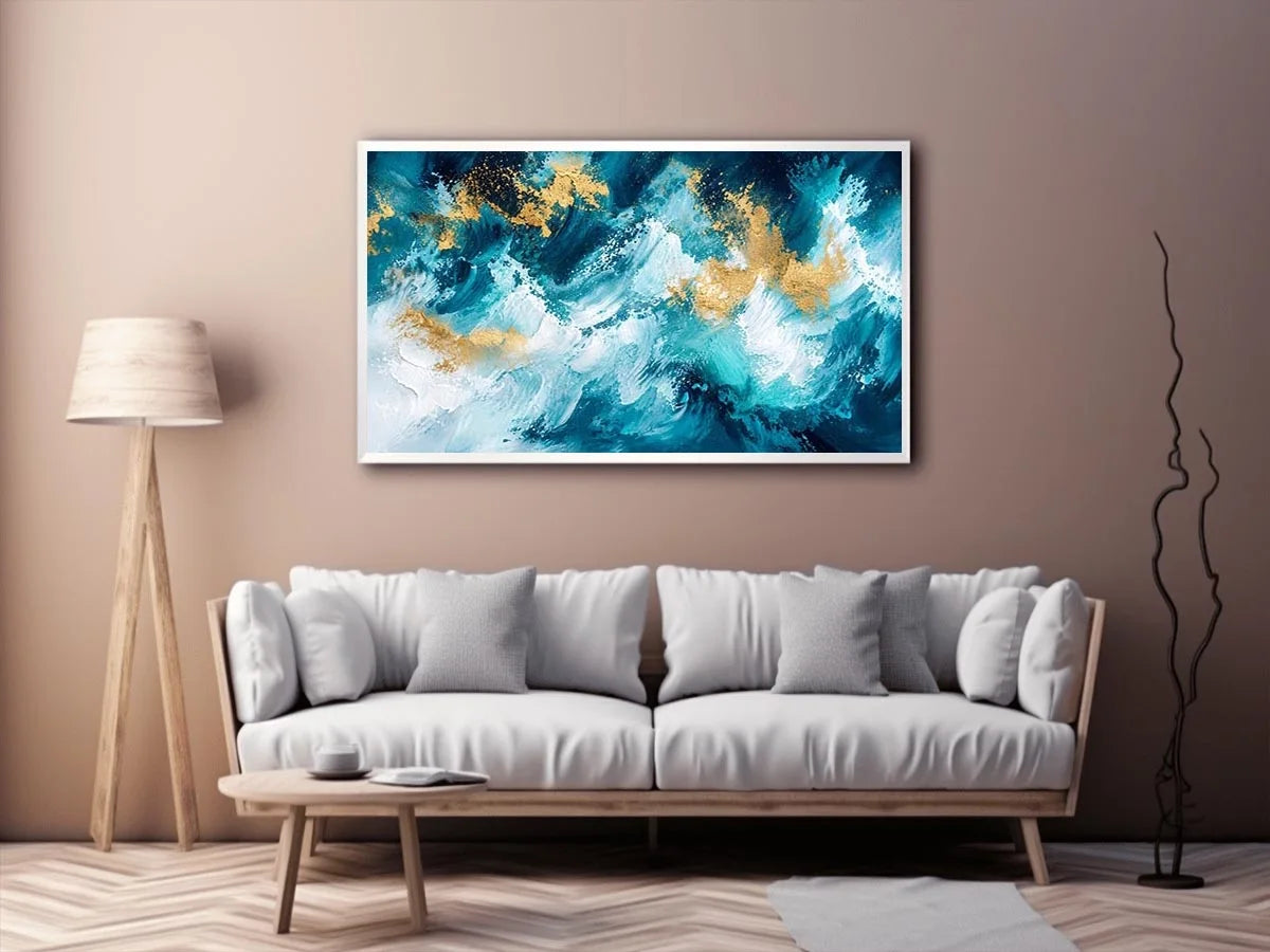 Luxury teal and gold abstract ocean wave painting with textured white brushstrokes modern coastal wall art canvas