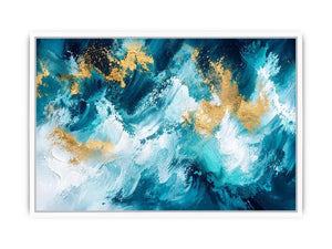 Luxury teal and gold abstract ocean wave painting with textured white brushstrokes modern coastal wall art canvas