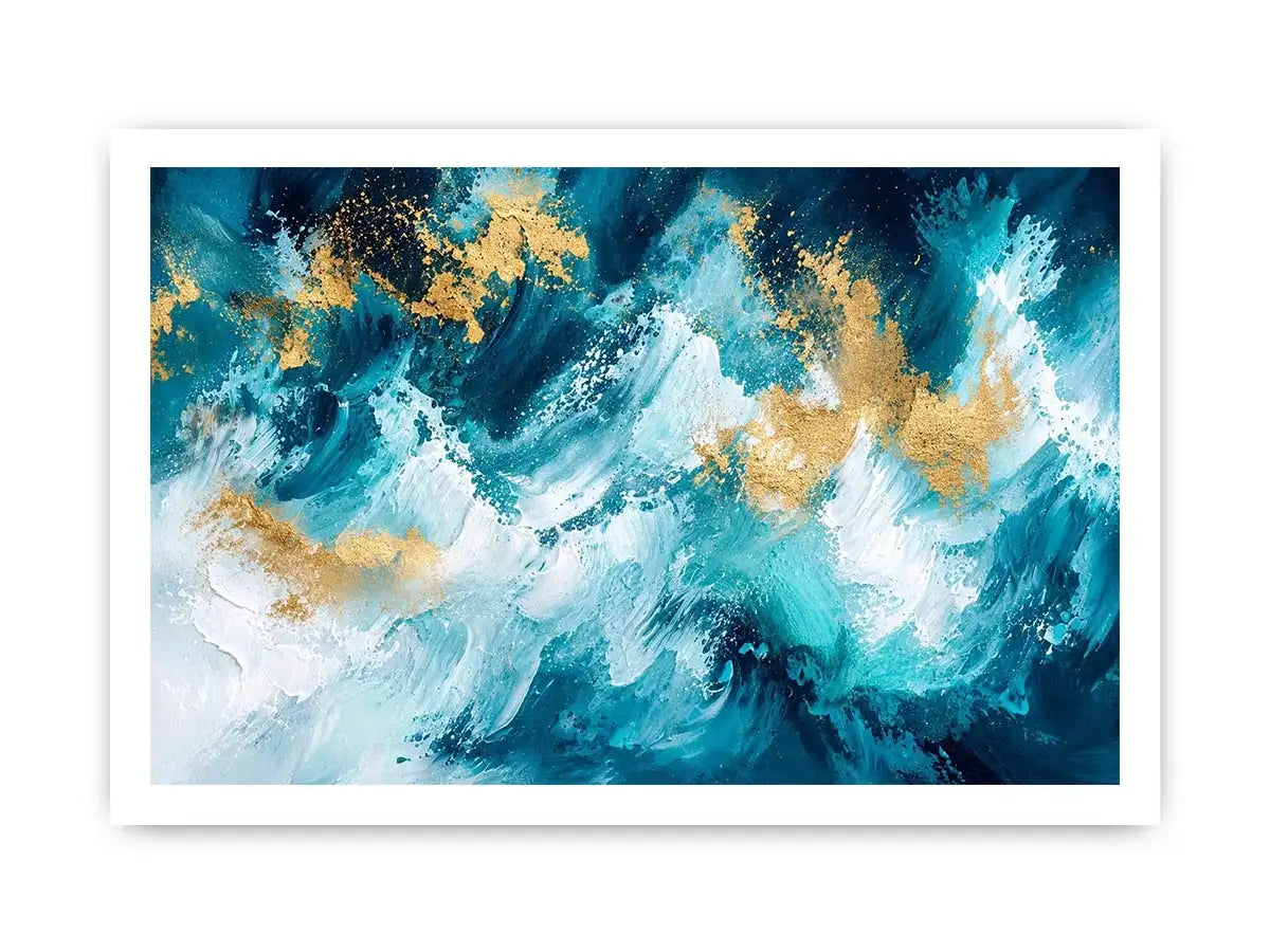 Luxury teal and gold abstract ocean wave painting with textured white brushstrokes modern coastal wall art canvas