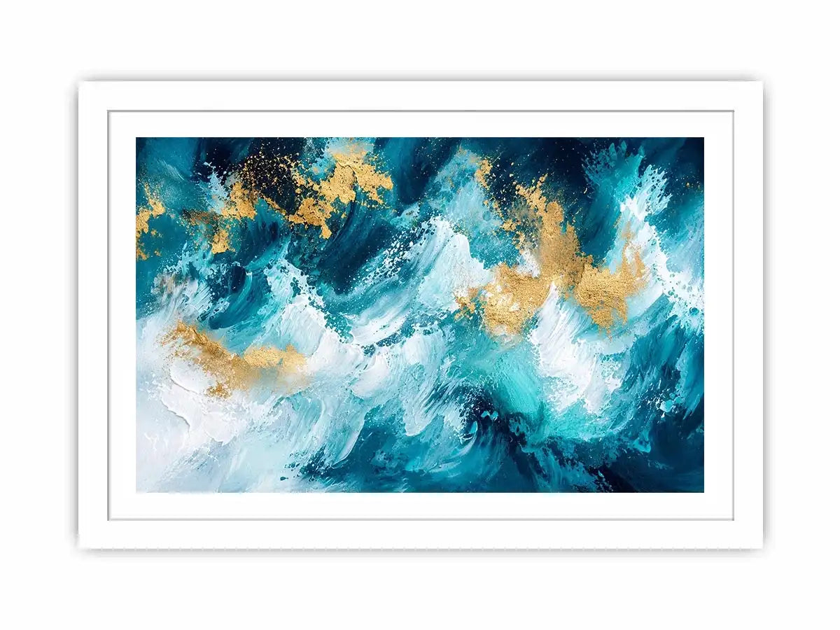 Luxury teal and gold abstract ocean wave painting with textured white brushstrokes modern coastal wall art canvas