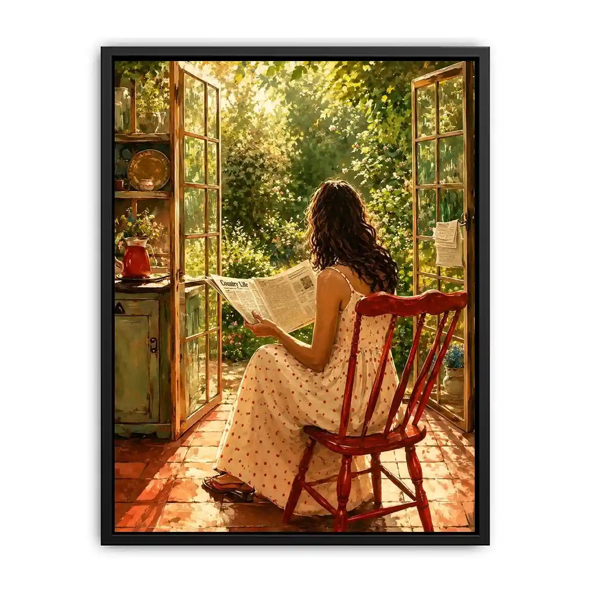Woman reading by open garden window in cozy cottage interior vintage inspired wall art canvas for elegant home decor