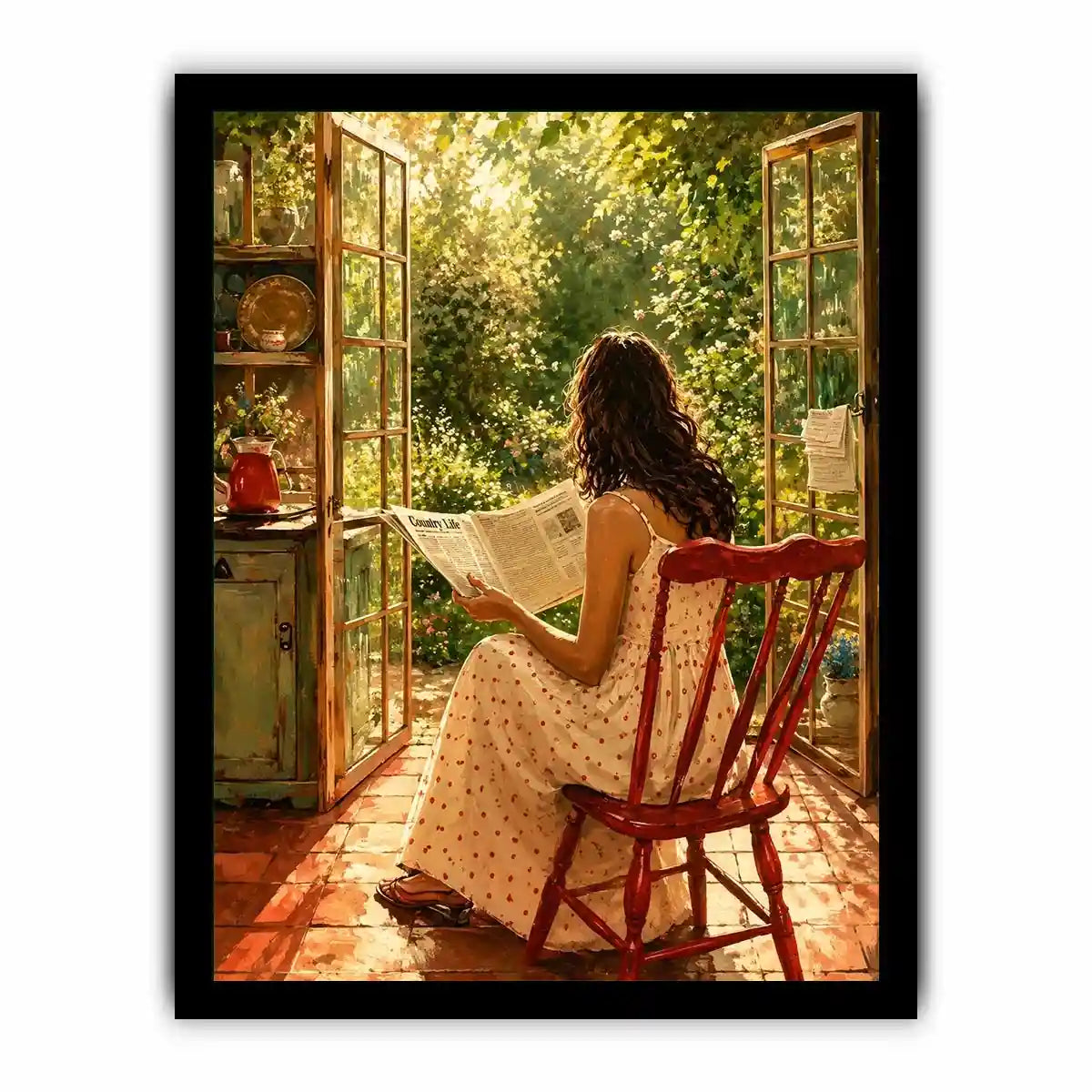 Woman reading by open garden window in cozy cottage interior vintage inspired wall art canvas for elegant home decor