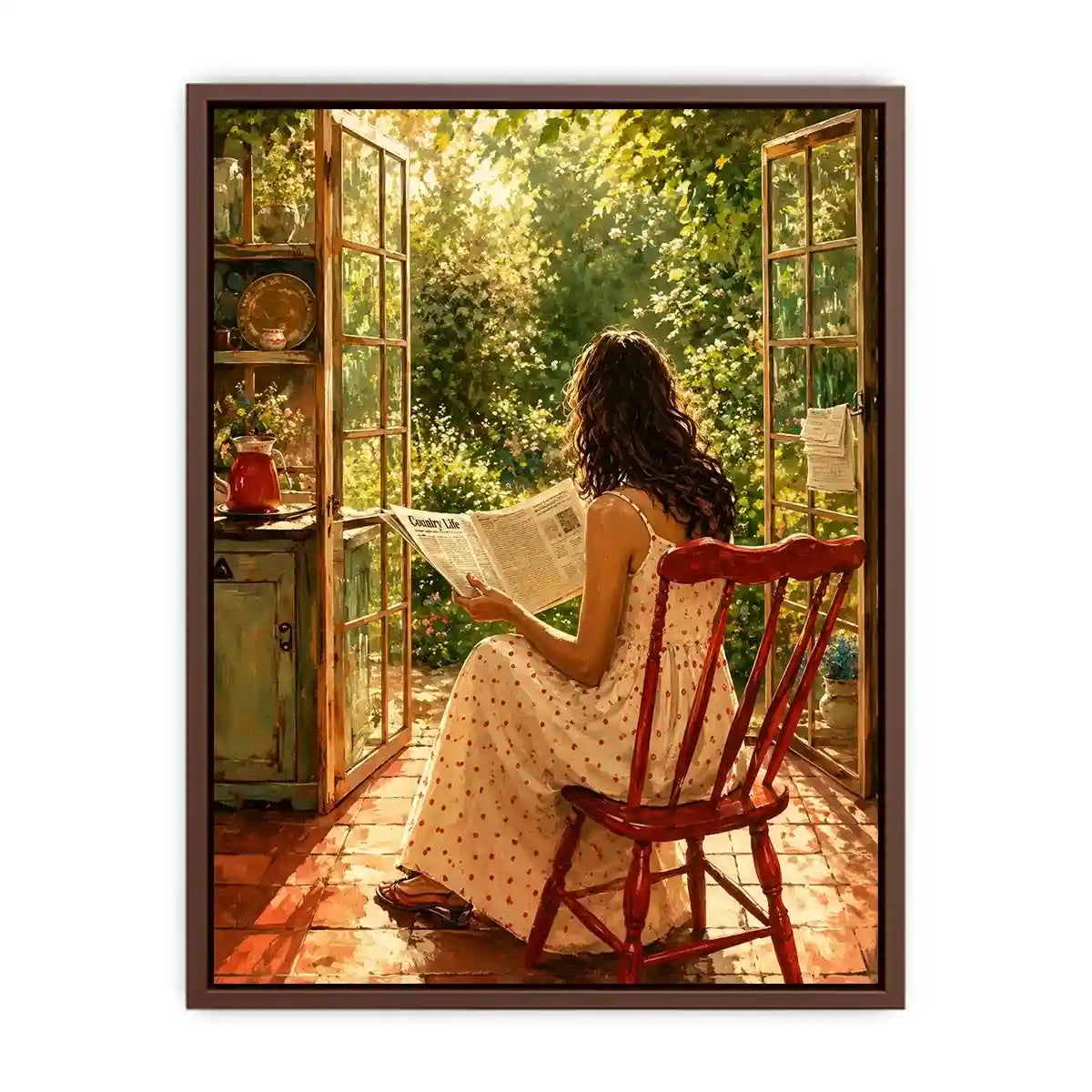 Woman reading by open garden window in cozy cottage interior vintage inspired wall art canvas for elegant home decor