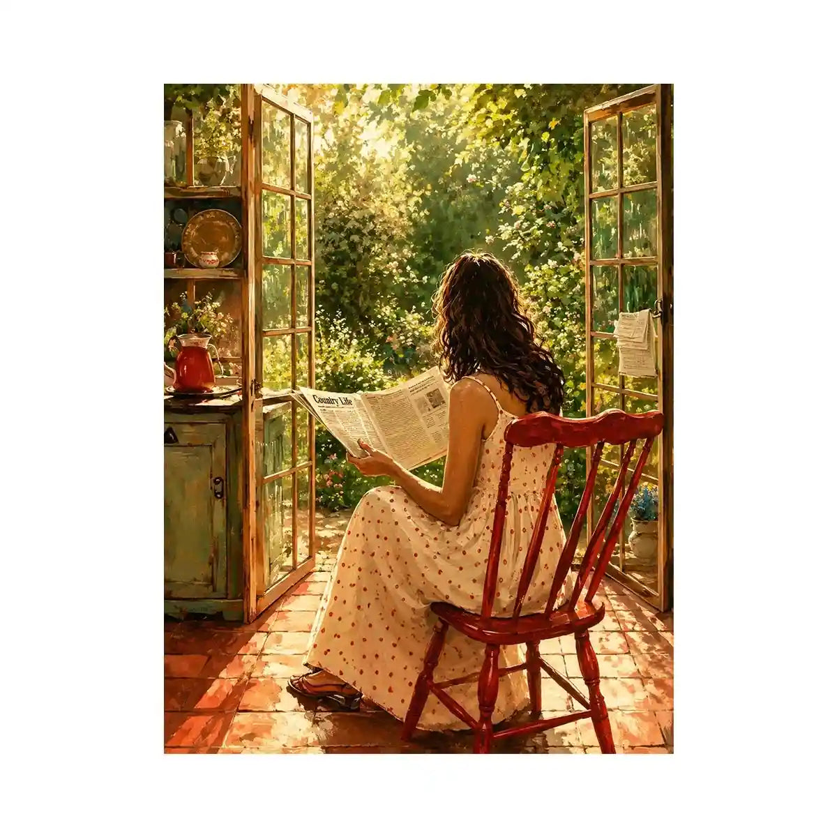 Woman reading by open garden window in cozy cottage interior vintage inspired wall art canvas for elegant home decor