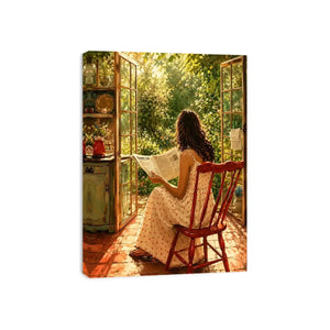 Woman reading by open garden window in cozy cottage interior vintage inspired wall art canvas for elegant home decor