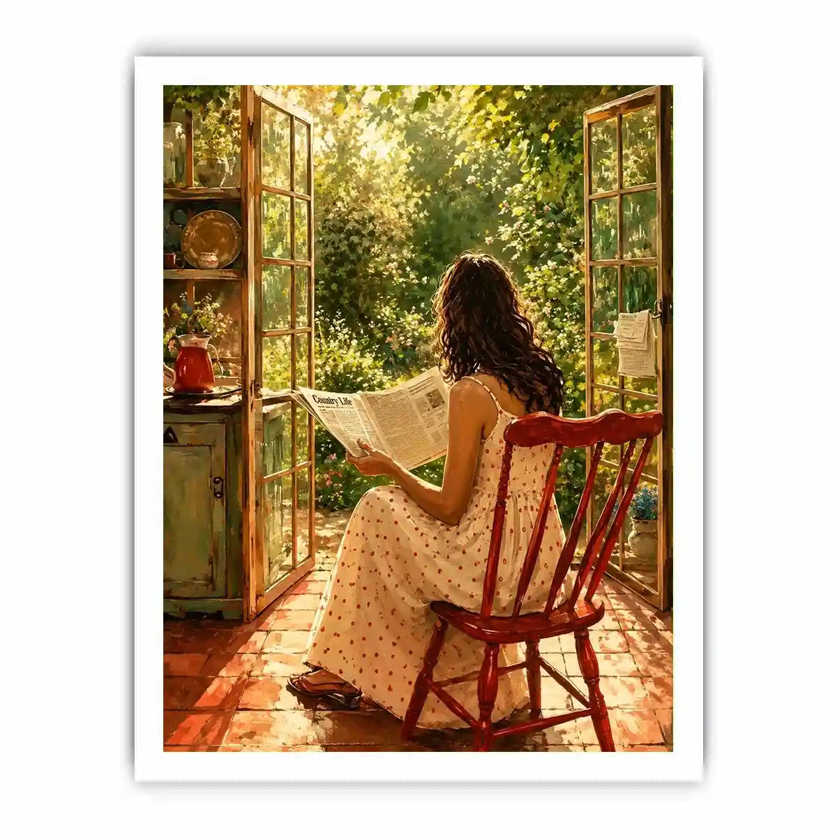 Woman reading by open garden window in cozy cottage interior vintage inspired wall art canvas for elegant home decor