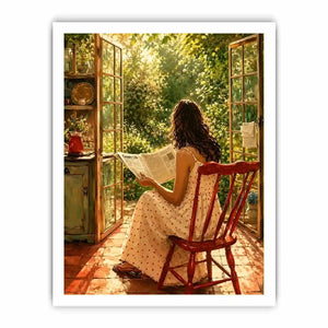 Woman reading by open garden window in cozy cottage interior vintage inspired wall art canvas for elegant home decor