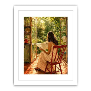 Woman reading by open garden window in cozy cottage interior vintage inspired wall art canvas for elegant home decor