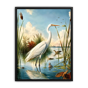 Vintage white heron standing in tranquil marshland with soft blue sky and reeds coastal bird wall art canvas