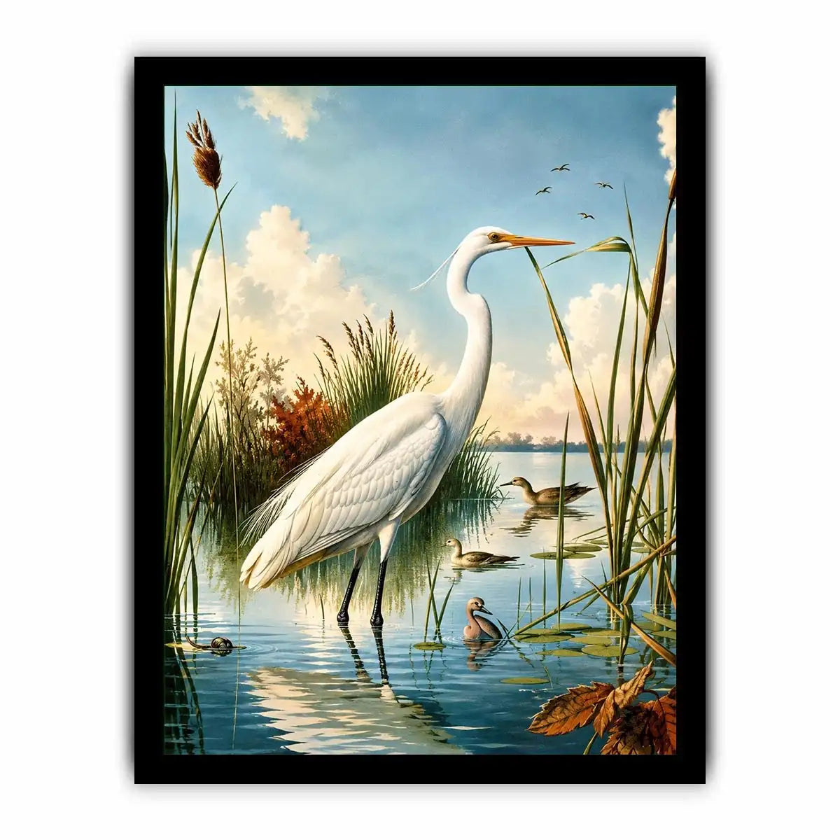 Vintage white heron standing in tranquil marshland with soft blue sky and reeds coastal bird wall art canvas