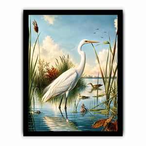 Vintage white heron standing in tranquil marshland with soft blue sky and reeds coastal bird wall art canvas