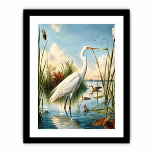 Vintage white heron standing in tranquil marshland with soft blue sky and reeds coastal bird wall art canvas